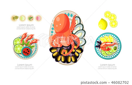 Seafood dishes set, shrimps, octopus, mussels marine products, caviar restaurant menu vector Seafood dishes set, shrimps, octopus, mussels marine products, caviar restaurant menu vector 46082702