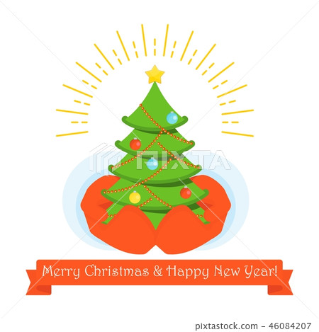 Hands of Santa Claus with a handful of Christmas tree Hands of Santa Claus with a handful of Christmas tree 46084207