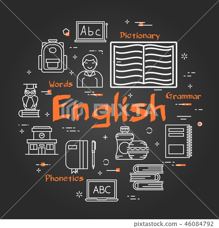 Round English Subject concept on black chalkboard Round English Subject concept on black chalkboard 46084792