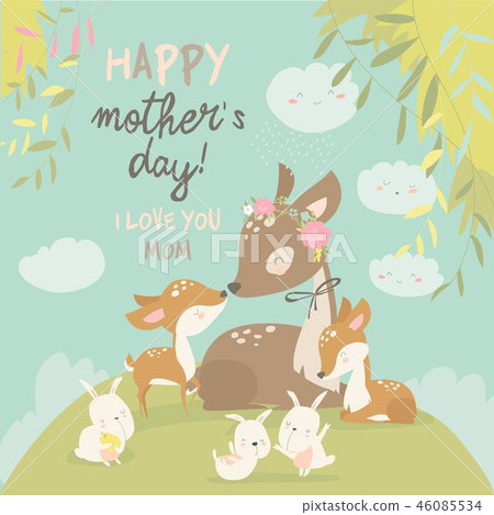Cartoon Deer family. Mother and baby. Cute animals for Mothers Day. Animals mom and baby. 46085534