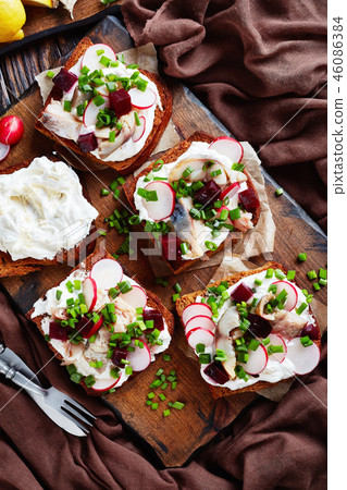 Smorrebrod with fish - danish open faced sandwich 46086384