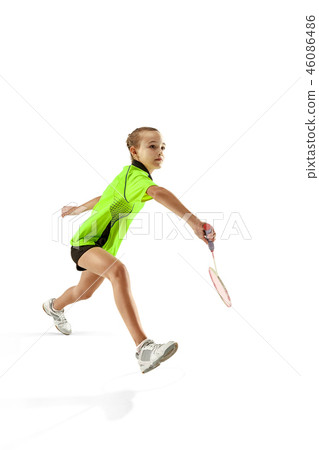 one caucasian young teenager girl woman playing Badminton player isolated on white background 46086486