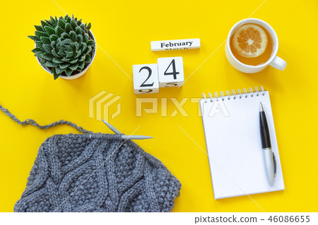 Wooden cubes calendar February 24th. Cup of tea with lemon, empty open notepad for text. Pot with 46086655