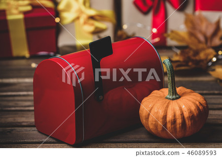 leaves and pumpkin with Halloween gift box and postbox leaves and pumpkin with Halloween gift box and postbox 46089593