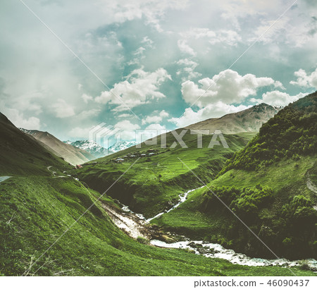 Green valley with flowing mountain river. Georgia. Green valley with flowing mountain river. Georgia. 46090437