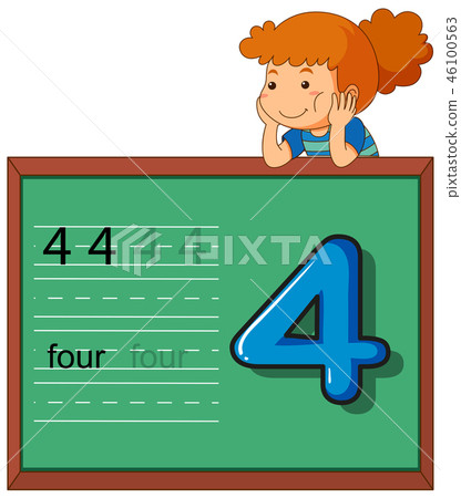 Girl showing number four on chalkboard Girl showing number four on chalkboard 46100563