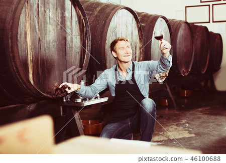 man with glass of wine in wine cellar. 46100688