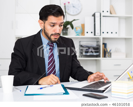 Man employee is indignant because he is having issues with project Man employee is indignant because he is having issues with project 46101058