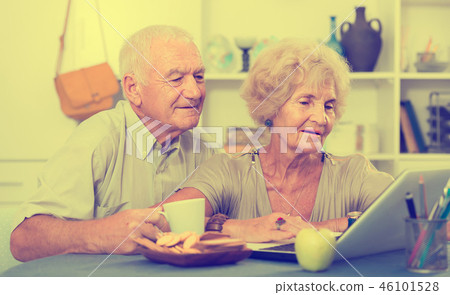 Happy elderly pair using laptop at home Happy elderly pair using laptop at home 46101528
