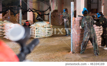 Team of players in blue masks are ready for offensive Team of players in blue masks are ready for offensive 46104189