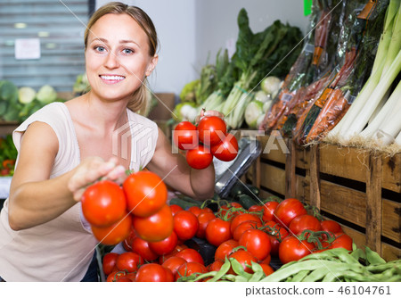 woman choosing tomatoes on market . woman choosing tomatoes on market . 46104761