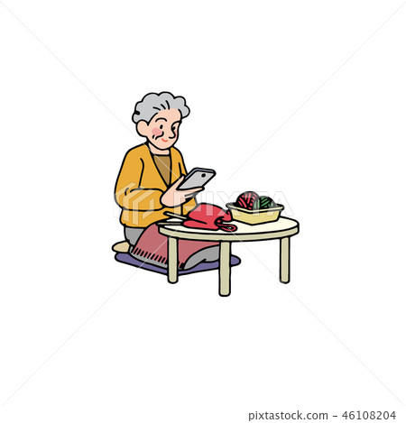 Grandma doing knitting while looking at smartphone Grandma doing knitting while looking at smartphone 46108204