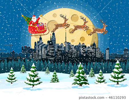 Santa claus rides reindeer sleigh Santa claus rides reindeer sleigh 46110293
