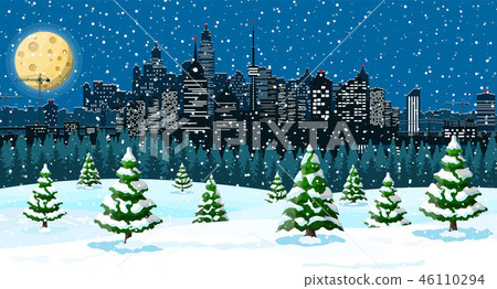 Christmas winter cityscape, snowflakes and trees 46110294