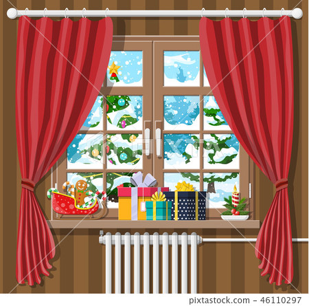 Christmas landscape with forest in window. Christmas landscape with forest in window. 46110297