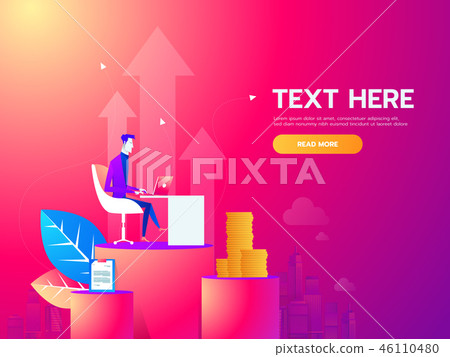 Young man sitting in the office at work desk and working with laptop. Modern gradient line vector Young man sitting in the office at work desk and working with laptop. Modern gradient line vector 46110480