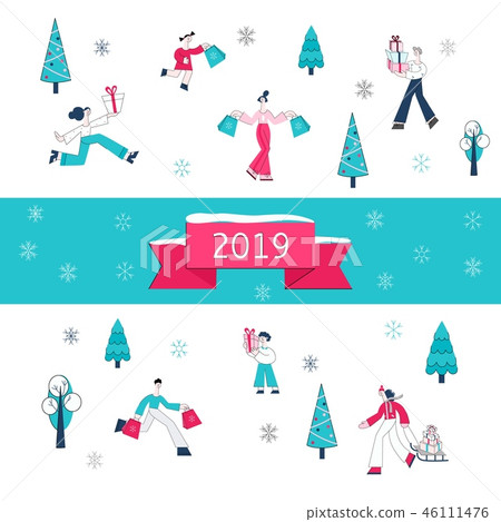 Vector illustration of Christmas and 2019 New Year banner - people with shopping bags and gift boxes Vector illustration of Christmas and 2019 New Year banner - people with shopping bags and gift boxes 46111476