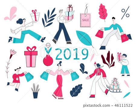 Vector illustration set of people with shopping bags and present boxes and decorative elements. 46111522