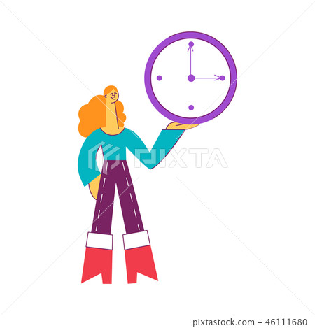 Vector illustration of young woman holding big wall watch in hand in flat style. Vector illustration of young woman holding big wall watch in hand in flat style. 46111680