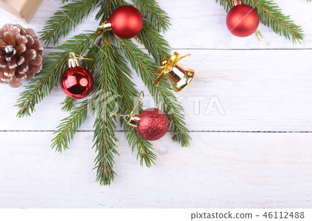 Happy Holidays. New Year or Christmas decorations with gift boxes, candles and balls. greeting card. 46112488