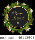 Christmas Wreath Made of Naturalistic Looking Pine Branches Decorated with Gold Stars and Bubbles. 46112603