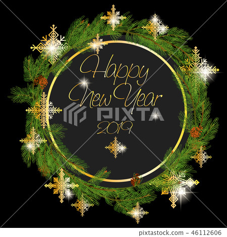 Christmas Wreath Made of Naturalistic Looking Pine Branches Decorated with Gold Stars and Bubbles. Christmas Wreath Made of Naturalistic Looking Pine Branches Decorated with Gold Stars and Bubbles. 46112606