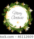 Christmas Wreath Made of Naturalistic Looking Pine Branches Decorated with Gold Stars and Bubbles. 46112609