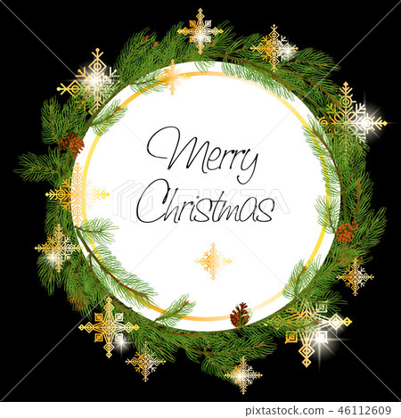 Christmas Wreath Made of Naturalistic Looking Pine Branches Decorated with Gold Stars and Bubbles. 46112609