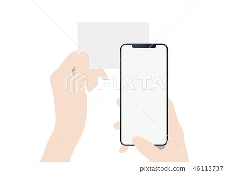 Hand holding smartphone over card 46113737