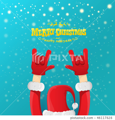 vector cartoon rock n roll Santa Claus character with gold calligraphic greeting text on azure 46117828