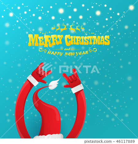 vector cartoon rock n roll Santa Claus character with gold calligraphic greeting text on azure vector cartoon rock n roll Santa Claus character with gold calligraphic greeting text on azure 46117889
