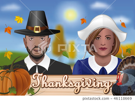 Thanksgiving card with couple in national costumes Thanksgiving card with couple in national costumes 46118669