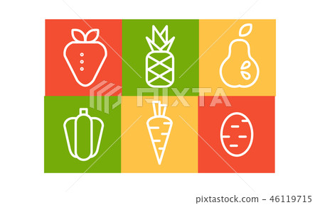 Vector set of fruits and vegetables in linear style in colorful squares. Organic and healthy food Vector set of fruits and vegetables in linear style in colorful squares. Organic and healthy food 46119715