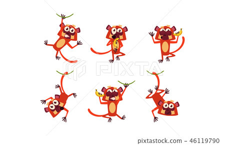 Flat vector set of funny brown lemur in different actions. Wild monkey with various emotions 46119790