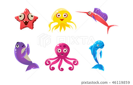 Flat vector set of marine animals with funny... - Stock Illustration  [46119859] - PIXTA