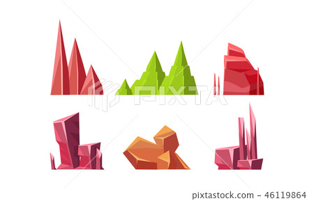 Flat vector set of colorful stones. Rocks of different shapes. Solid mineral materials. Natural Flat vector set of colorful stones. Rocks of different shapes. Solid mineral materials. Natural 46119864