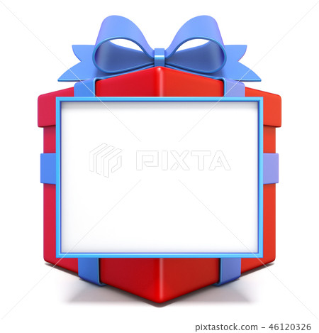 Red gift box with blue ribbon and blank board 3D Red gift box with blue ribbon and blank board 3D 46120326