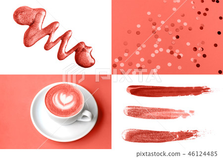 Collage in Living Coral color. Trendy color concepf of the year. Collage in Living Coral color. Trendy color concepf of the year. 46124485