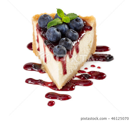 Piece of cheesecake with blueberries and mint 46125070