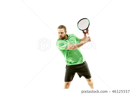one caucasian man playing tennis player isolated on white background one caucasian man playing tennis player isolated on white background 46125557
