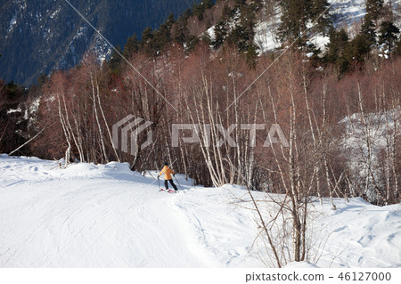 Skier descent on snowy ski slope in forest Skier descent on snowy ski slope in forest 46127000
