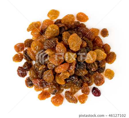Bunch of raisins on a white. The view from the top Bunch of raisins on a white. The view from the top 46127102