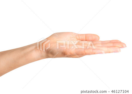 Woman showing open hand taking or showing something Woman showing open hand taking or showing something 46127104