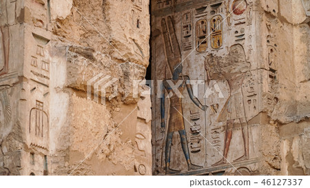 Temple of Medinet Habu. Egypt, Luxor. The Mortuary Temple of Ramesses III at Medinet Habu is an Temple of Medinet Habu. Egypt, Luxor. The Mortuary Temple of Ramesses III at Medinet Habu is an 46127337