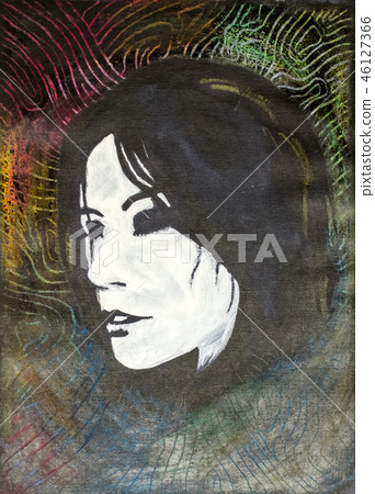 Painted portrait of a girl on black paper Painted portrait of a girl on black paper 46127366
