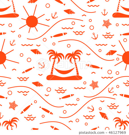 Cute seamless pattern with fish, island with palm 46127969