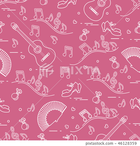 Pattern with fan, shoes, castanets, notes, guitars Pattern with fan, shoes, castanets, notes, guitars 46128359