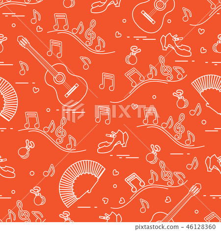 Pattern with fan, shoes, castanets, notes, guitars Pattern with fan, shoes, castanets, notes, guitars 46128360