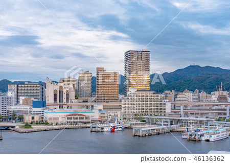 Landscape of Kobe Port illuminated by the morning sun 46136362