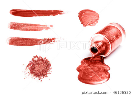 Swatches of cosmetic products in trendy coral color. 46136520